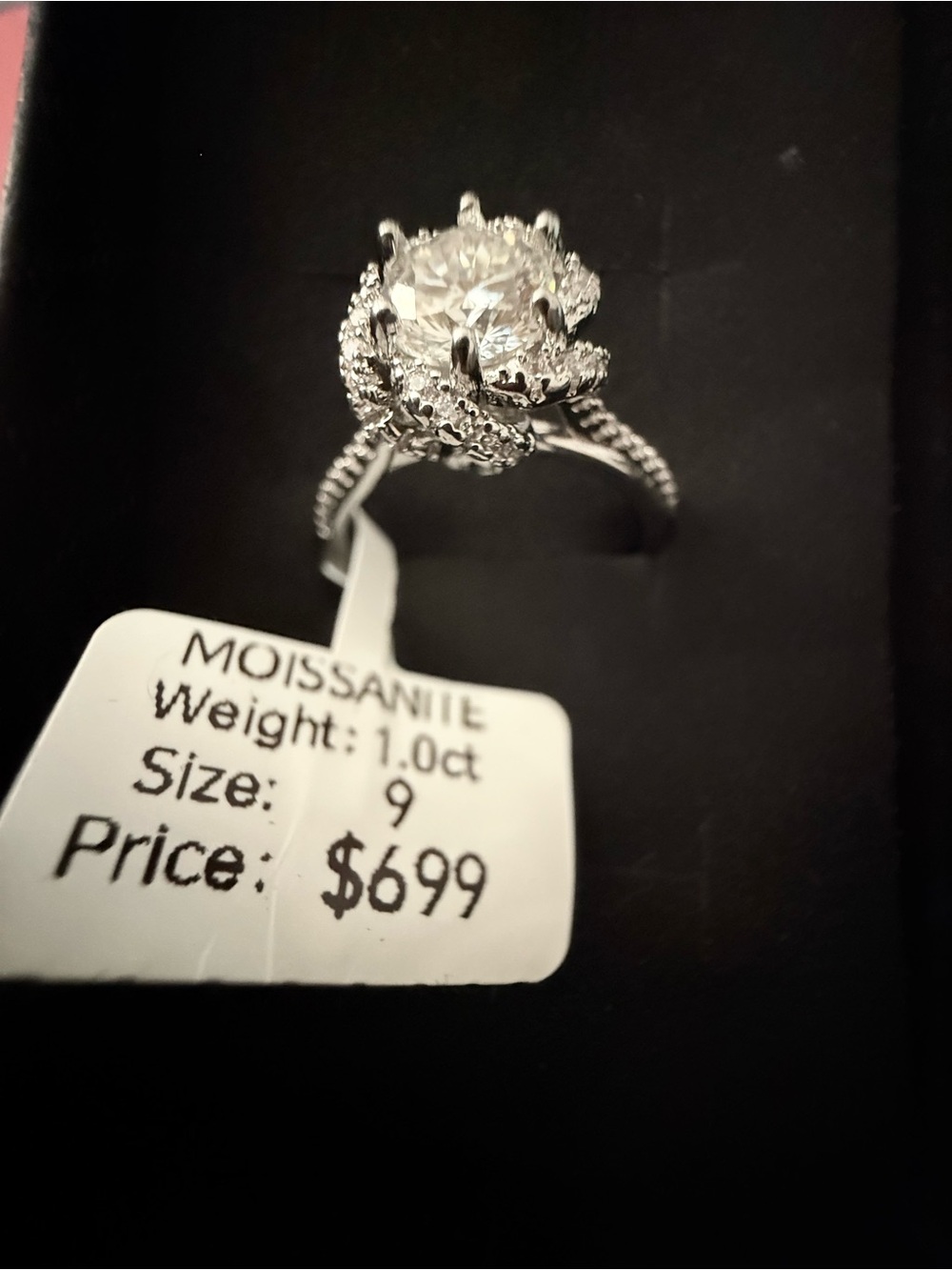 1.0ct Silver-Tone Halo Moissanite Ring - Size 9